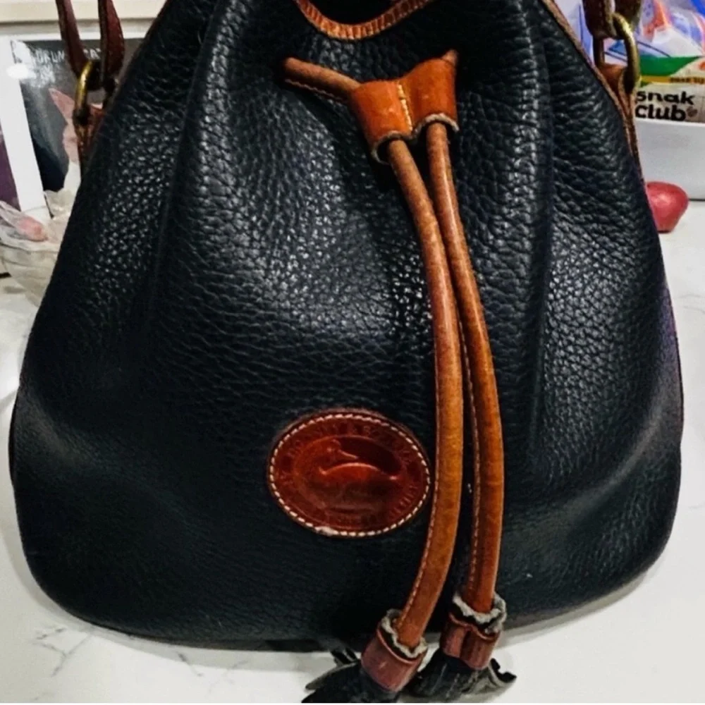Vintage Dooney & Bourke Navy Blue & Tan Leather Drawstring
Bucket Bag - Picture 1 of 6